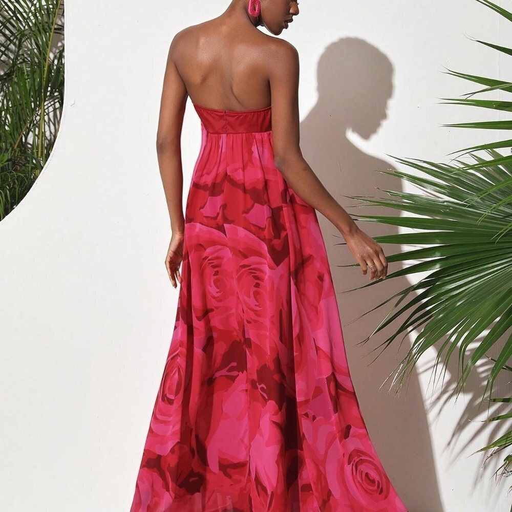 Red Preppy Women's Strapless Maxi Dress With Big Flower Print - Picture 2 of 5